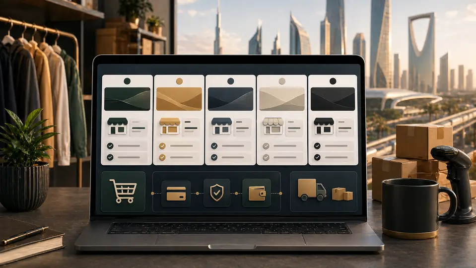 Top e-commerce development companies in Saudi Arabia represented by storefront, checkout, payment, and delivery modules