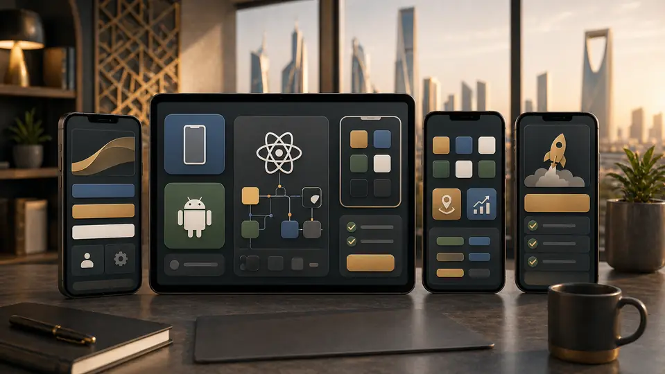 Top mobile app development companies in Jordan and Saudi Arabia represented by large app screens and development modules
