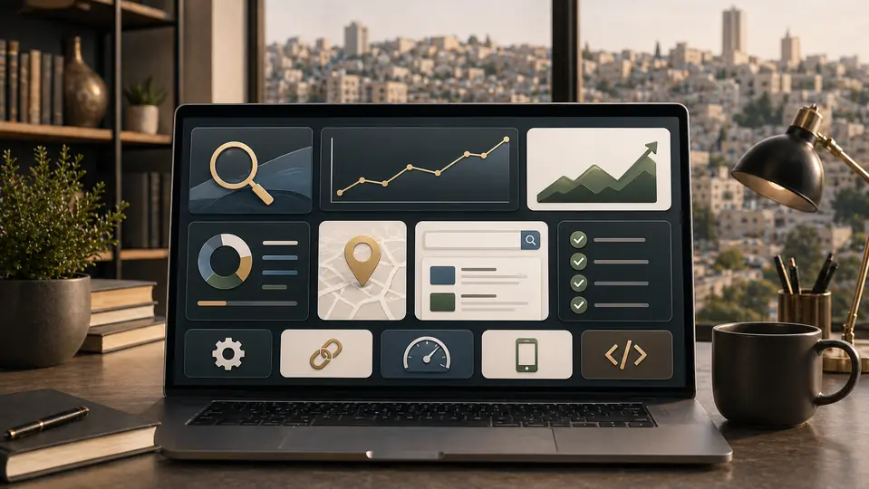 Top SEO companies in Jordan represented by search visibility, ranking, audit, and local SEO modules on a laptop