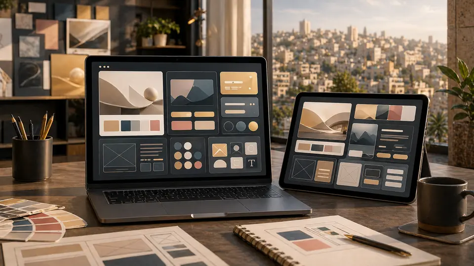 Top web design companies in Jordan represented by website mockups, layout cards, color swatches, and design-system components