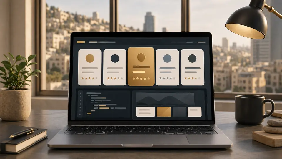 Best web development companies in Amman comparison shown as large agency cards on a business laptop