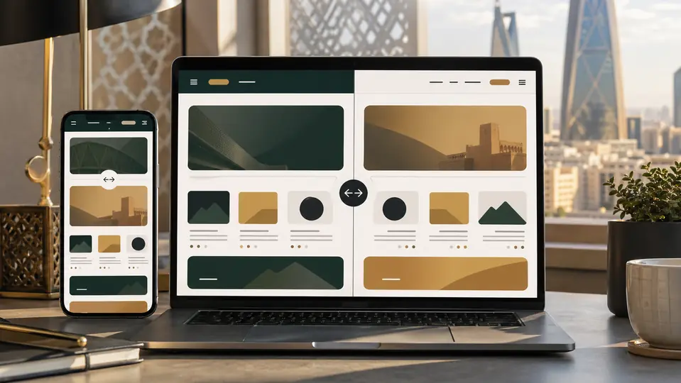 Bilingual Arabic and English website development concept with mirrored RTL and LTR layouts on laptop and mobile screens