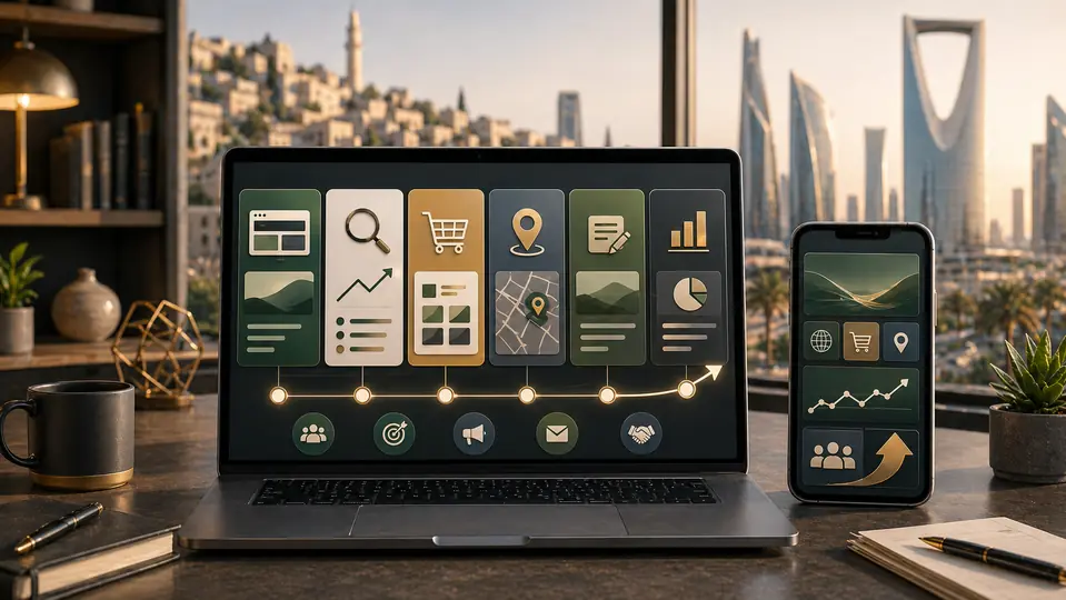 Online business growth guide for Saudi Arabia and Jordan with website, SEO, e-commerce, local search, content, analytics, and acquisition modules
