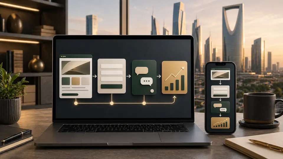 Riyadh SME lead-generation case study with a website funnel, contact path, and growth dashboard on laptop and phone