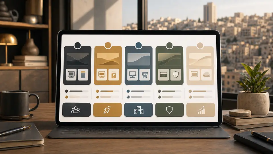 Jordan web agency comparison with five large project-fit cards on a business laptop