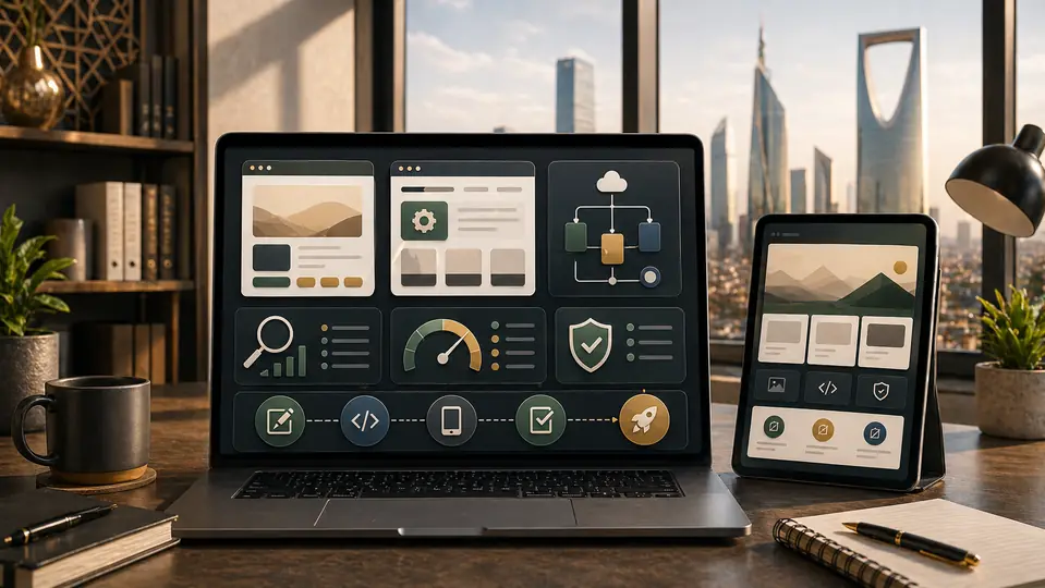 Web development services guide for Jordan and Saudi Arabia with custom website, CMS, API, SEO, performance, security, and launch modules