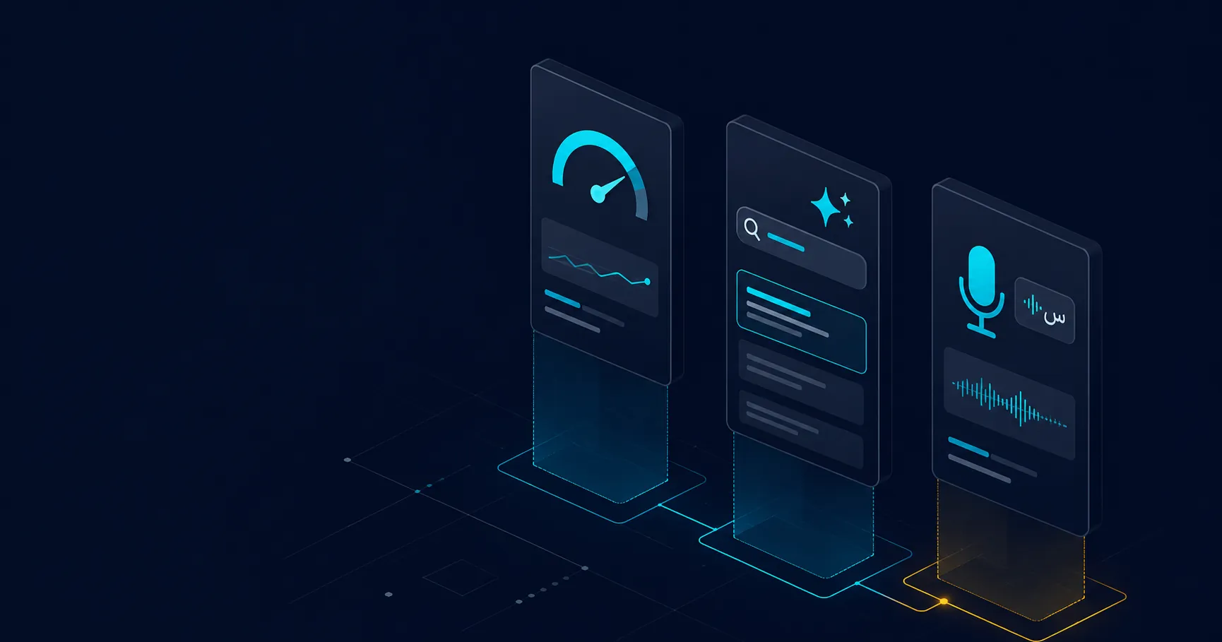 Three vertical dashboard cards on dark navy background showing the 2026 ranking factors for Saudi business websites: INP speed, AI Overviews, and Arabic voice search