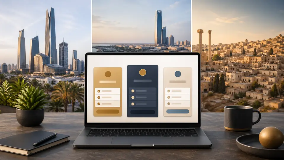 Website cost comparison for Riyadh, Jeddah, and Amman using large pricing cards on a business laptop