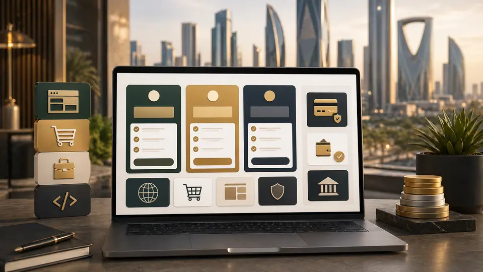 Saudi Arabia website cost guide with large pricing tier cards and payment integration modules on a business tablet