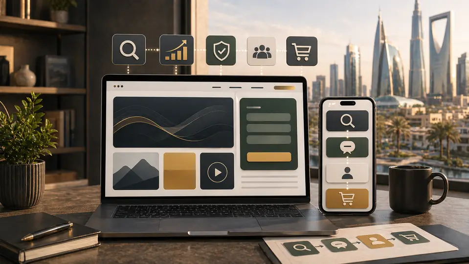 Why a website is important for business shown through website presence, customer inquiry, search visibility, trust, and sales modules