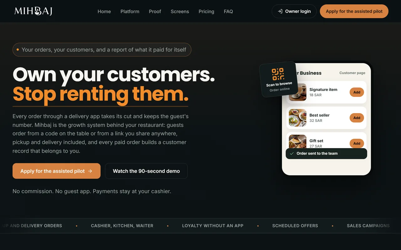 Mihbaj restaurant ordering platform homepage built by Ijjad, showing the QR table-ordering hero and guest ordering card